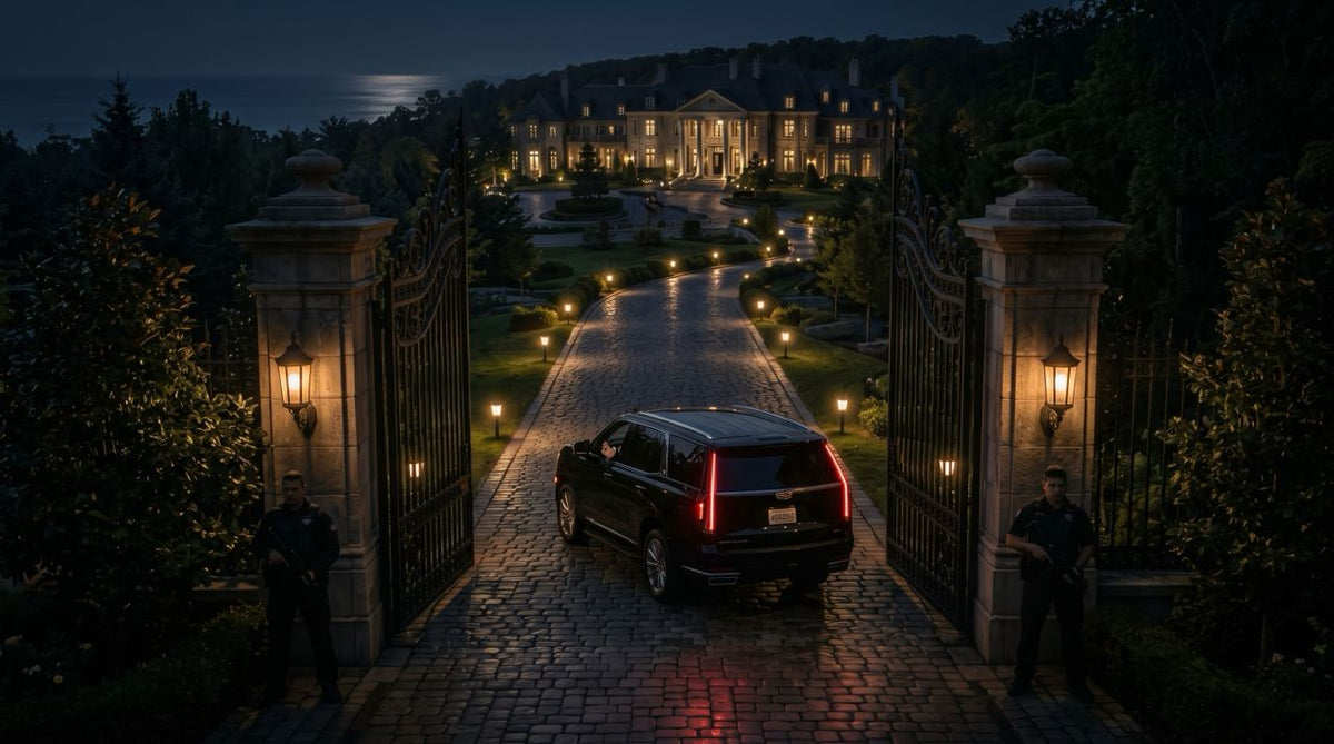 Vince Moretti estate gates at night